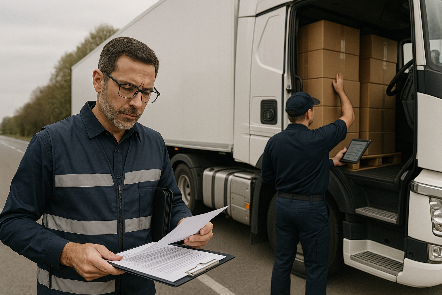Fiscal ou inspetor de transportes com óculos e uniforme, a analisar documentos com expressão séria, enquanto um funcionário da transportadora confere a carga (caixas) de um camião, simbolizando uma inspeção rodoviária