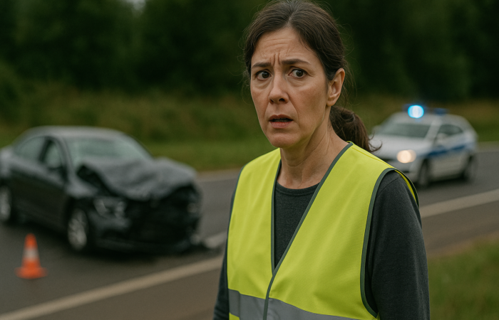 Mulher com colete refletor e expressão de choque e preocupação, em primeiro plano, com um carro acidentado e um veículo da polícia com luzes ligadas desfocados ao fundo na estrada, simbolizando a realidade de um acidente de viação.