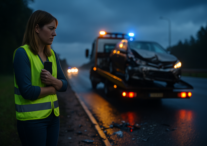 Mulher com colete refletor junto à berma da estrada, com expressão de preocupação e desorientação, enquanto um reboque remove um carro gravemente acidentado ao fundo, sob luzes de emergência ao anoitecer.