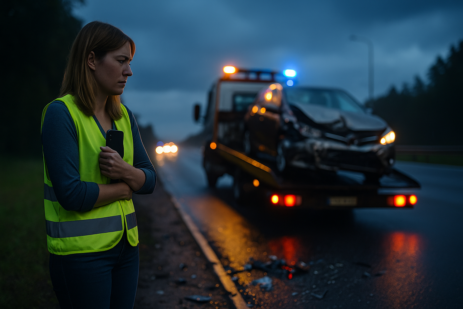 Mulher com colete refletor junto à berma da estrada, com expressão de preocupação e desorientação, enquanto um reboque remove um carro gravemente acidentado ao fundo, sob luzes de emergência ao anoitecer.