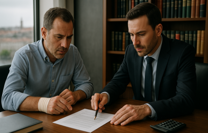 Advogado, de fato e gravata, a explicar um documento a um cliente com a mão enfaixada, sentado num escritório com vista para o Porto, focando o apoio legal após um acidente de viação para garantir a indemnização.