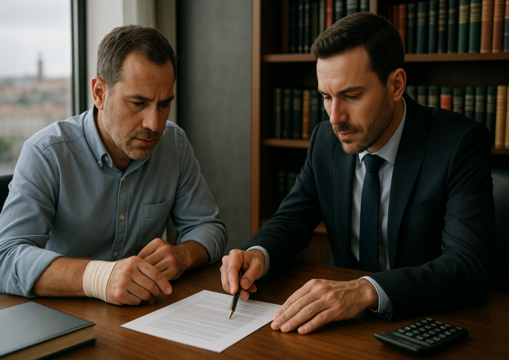 Advogado, de fato e gravata, a explicar um documento a um cliente com a mão enfaixada, sentado num escritório com vista para o Porto, focando o apoio legal após um acidente de viação para garantir a indemnização.