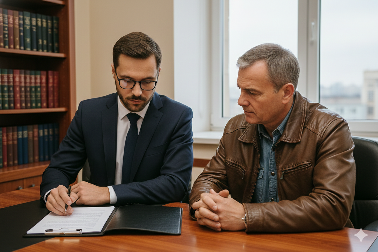 Advogado, de fato e gravata, a assinalar documentos numa secretária enquanto conversa com um cliente de casaco de cabedal, ilustrando o apoio jurídico para recurso de multas da ASAE.