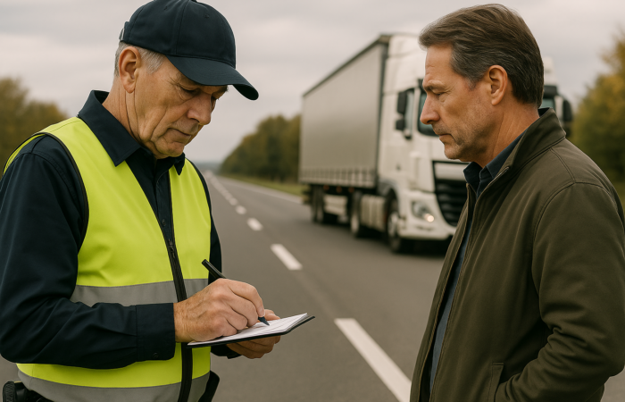 Agente da autoridade (polícia ou fiscal) de colete refletor a passar uma multa a um camionista, enquanto um camião de grande porte se encontra desfocado ao fundo na estrada, ilustrando o contexto das infrações rodoviárias.