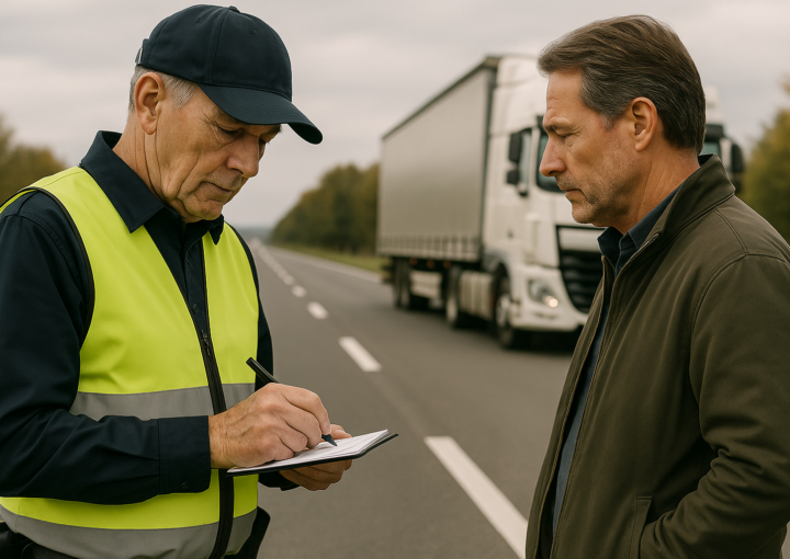 Agente da autoridade (polícia ou fiscal) de colete refletor a passar uma multa a um camionista, enquanto um camião de grande porte se encontra desfocado ao fundo na estrada, ilustrando o contexto das infrações rodoviárias.