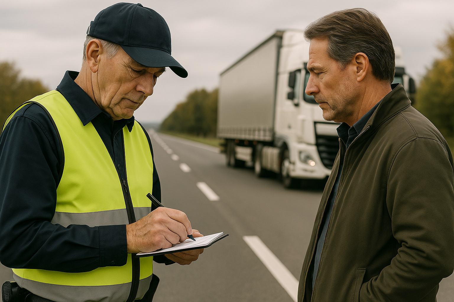 Agente da autoridade (polícia ou fiscal) de colete refletor a passar uma multa a um camionista, enquanto um camião de grande porte se encontra desfocado ao fundo na estrada, ilustrando o contexto das infrações rodoviárias.