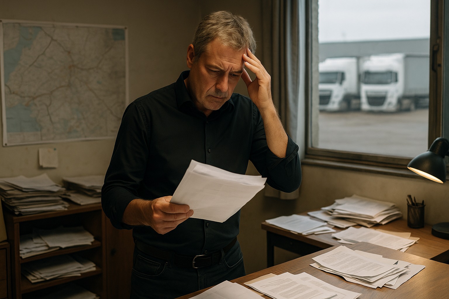 Empresário de transportes ou gestor de frota, visivelmente preocupado, a ler documentos com a mão na cabeça, com pilhas de papéis na secretária e camiões parados visíveis através da janela, simbolizando a pressão dos processos da ACT.