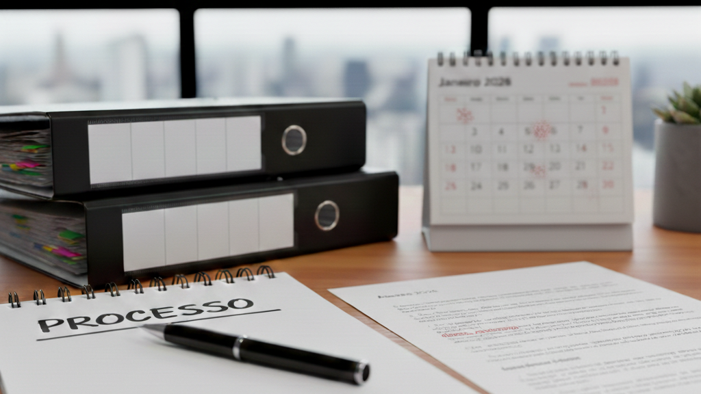 Mesa de escritório com dossier jurídico, bloco de notas com a palavra "Processo" e um calendário ao fundo com datas circuladas, representando o planeamento de um divórcio.