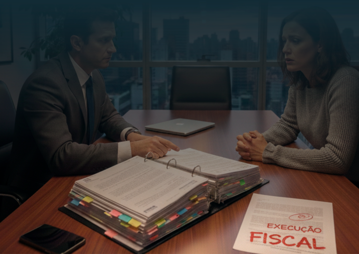 Advogado e cliente sentados numa mesa de reuniões a analisar um processo de execução fiscal, com documentos abertos e prazos assinalados.