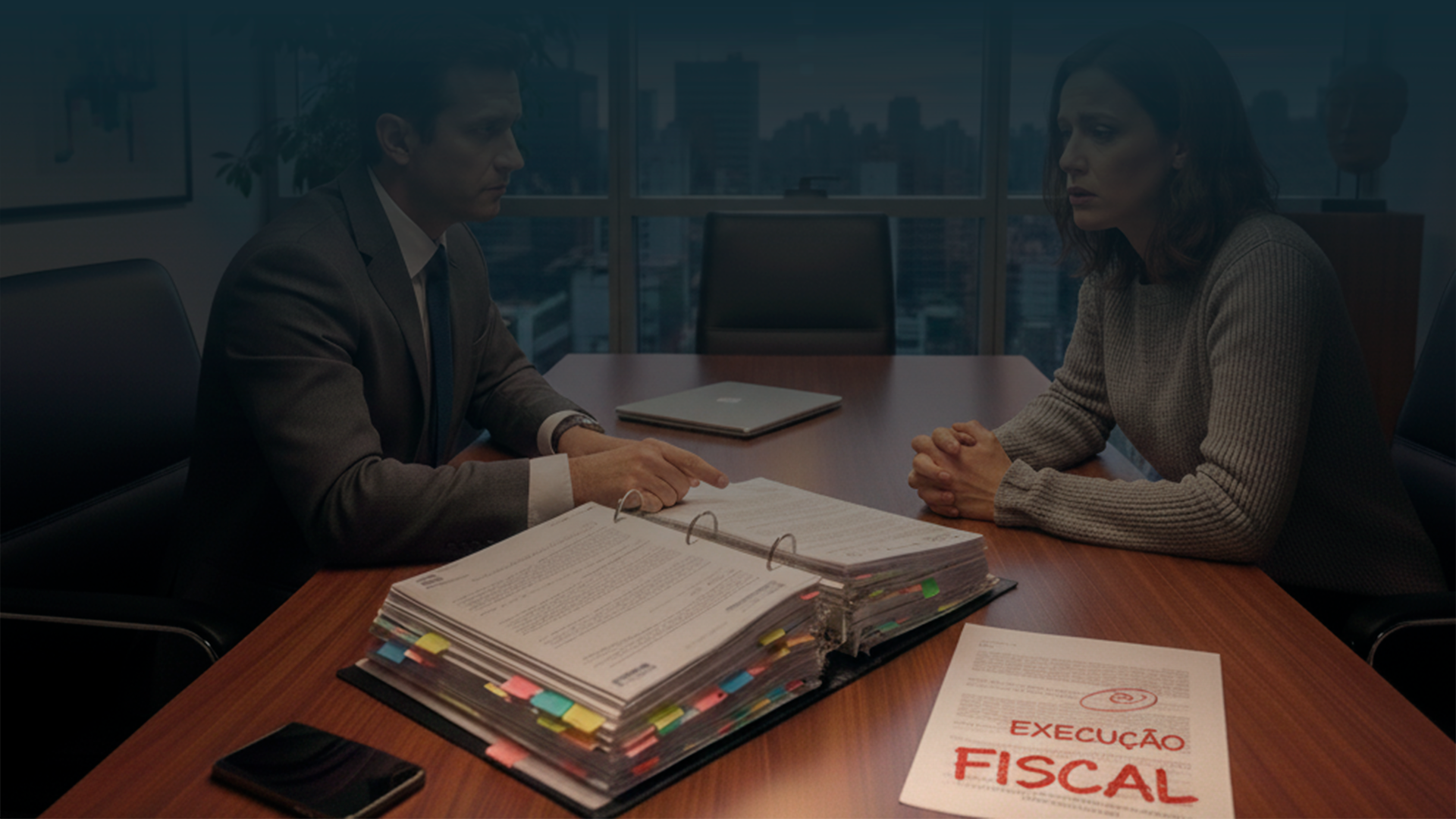 Advogado e cliente sentados numa mesa de reuniões a analisar um processo de execução fiscal, com documentos abertos e prazos assinalados.