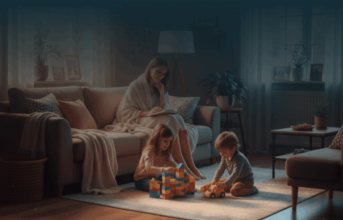 Uma mãe sentada num sofá, com expressão pensativa e triste, enquanto segura um livro. No chão à sua frente, dois filhos pequenos brincam com blocos de montar e um carro de brincar. A cena ocorre numa sala iluminada por uma mistura de luz natural quente vinda da janela e tons frios no restante ambiente, com um enquadramento mais afastado que mostra o isolamento emocional da mãe.