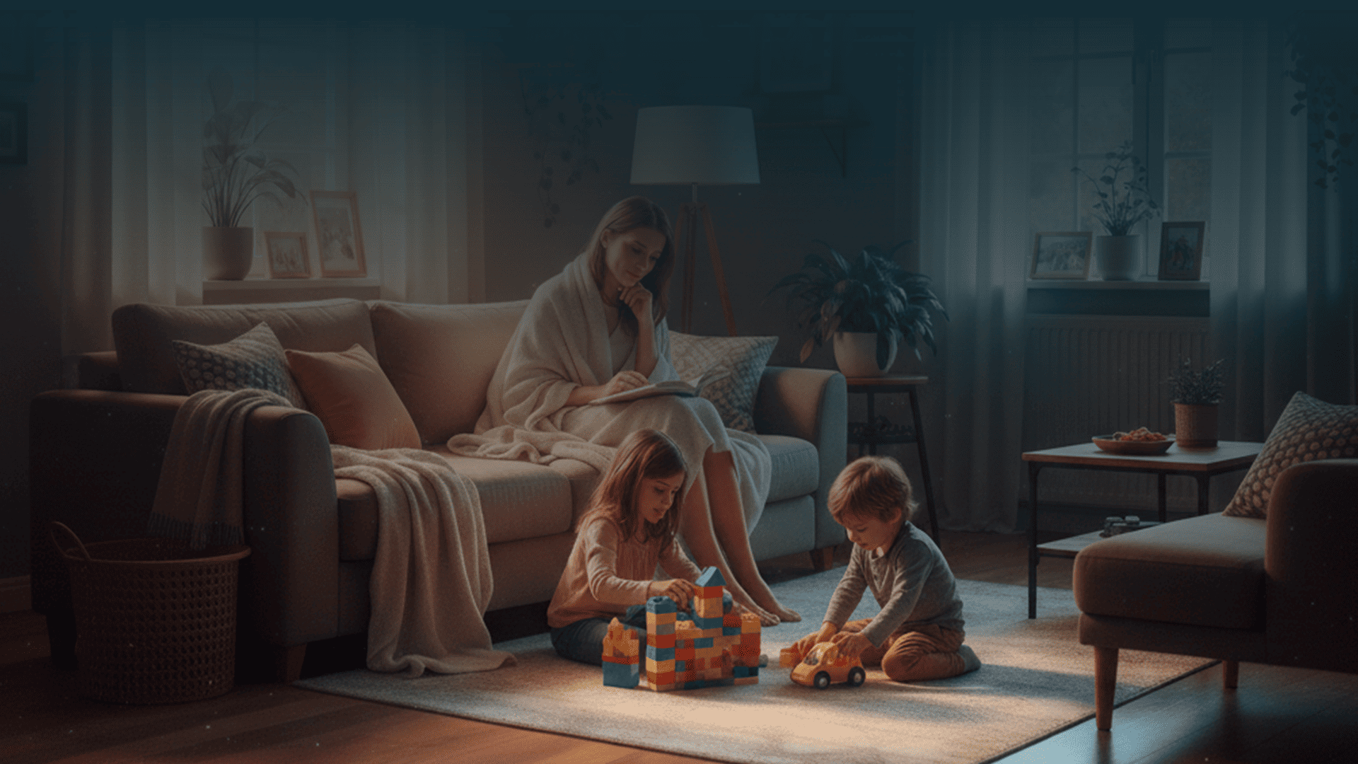 Uma mãe sentada num sofá, com expressão pensativa e triste, enquanto segura um livro. No chão à sua frente, dois filhos pequenos brincam com blocos de montar e um carro de brincar. A cena ocorre numa sala iluminada por uma mistura de luz natural quente vinda da janela e tons frios no restante ambiente, com um enquadramento mais afastado que mostra o isolamento emocional da mãe.