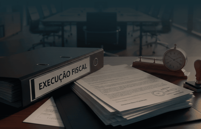 Secretária de escritório com um dossier aberto identificado como “Execução Fiscal”, documentos oficiais visíveis, um carimbo e um relógio de mesa junto a uma janela.