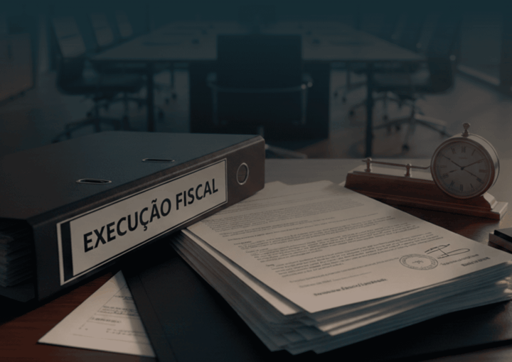 Secretária de escritório com um dossier aberto identificado como “Execução Fiscal”, documentos oficiais visíveis, um carimbo e um relógio de mesa junto a uma janela.