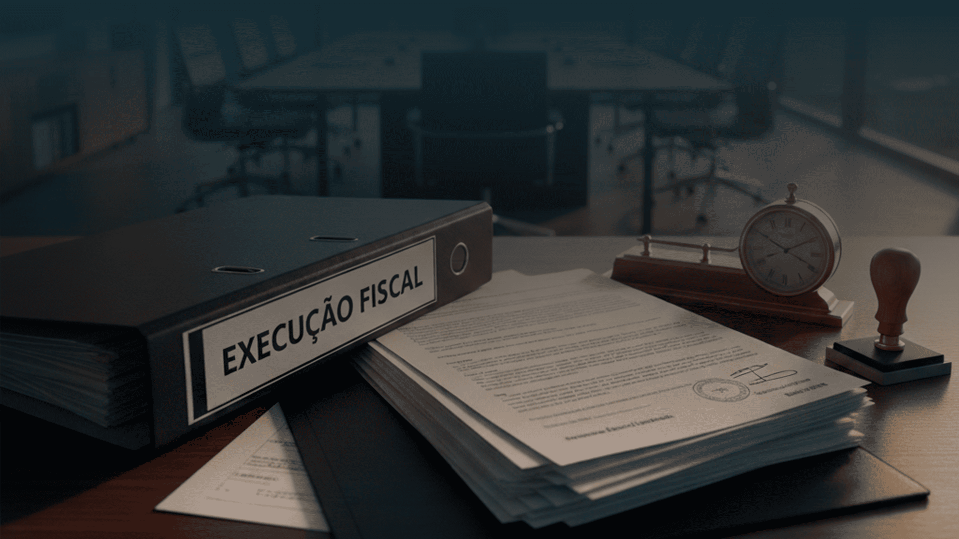 Secretária de escritório com um dossier aberto identificado como “Execução Fiscal”, documentos oficiais visíveis, um carimbo e um relógio de mesa junto a uma janela.