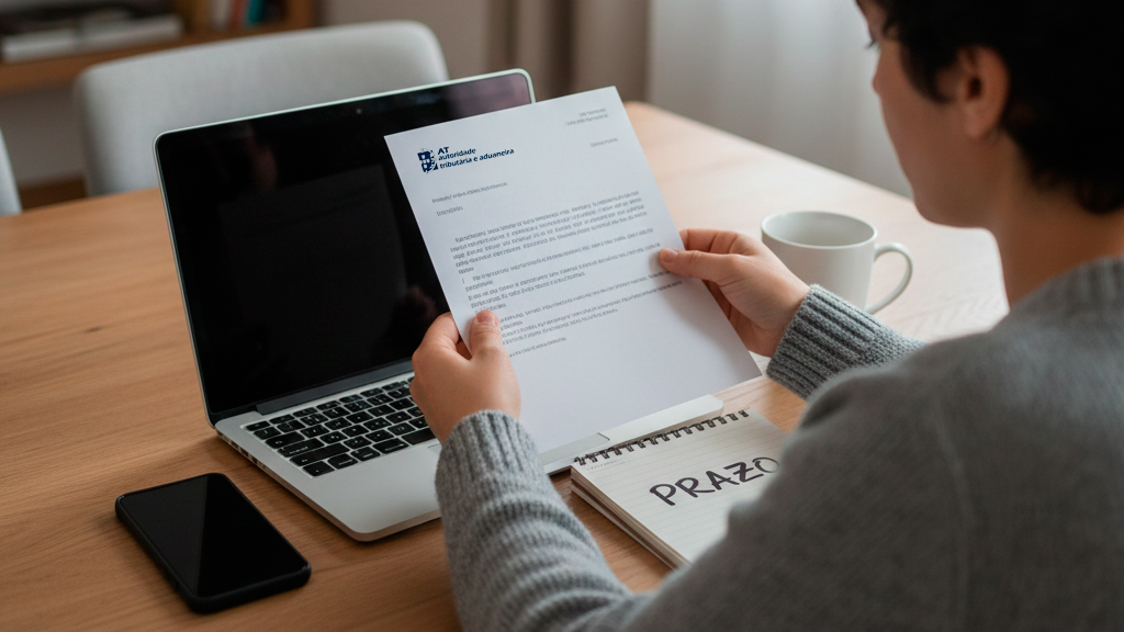 Pessoa sentada à mesa a ler uma notificação de execução fiscal, com um computador desligado, um telemóvel pousado e um bloco de notas com a palavra prazo escrita.