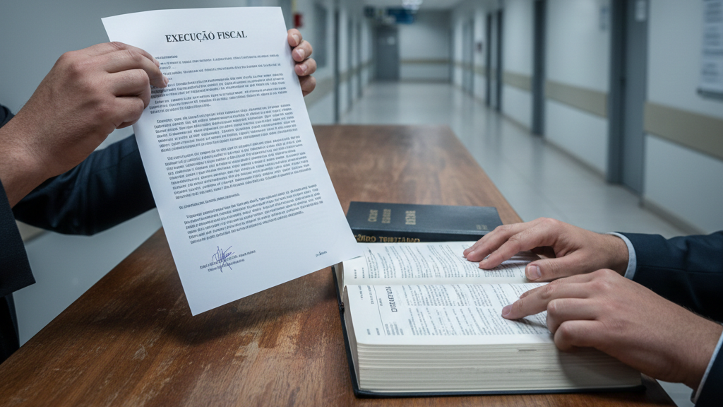 Balcão de atendimento das Finanças com um documento identificado como execução fiscal e um código tributário aberto, num espaço institucional.