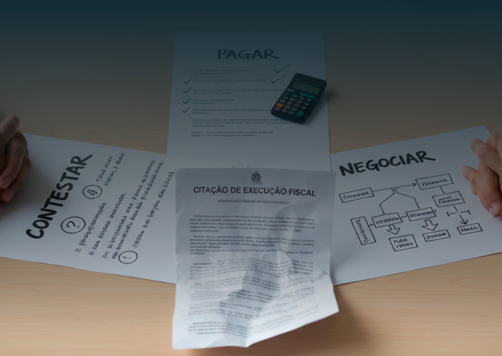 Secretária com três documentos identificados como pagar, contestar e negociar, uma citação de execução fiscal ao centro e mãos apoiadas na mesa sem tocar nos papéis.