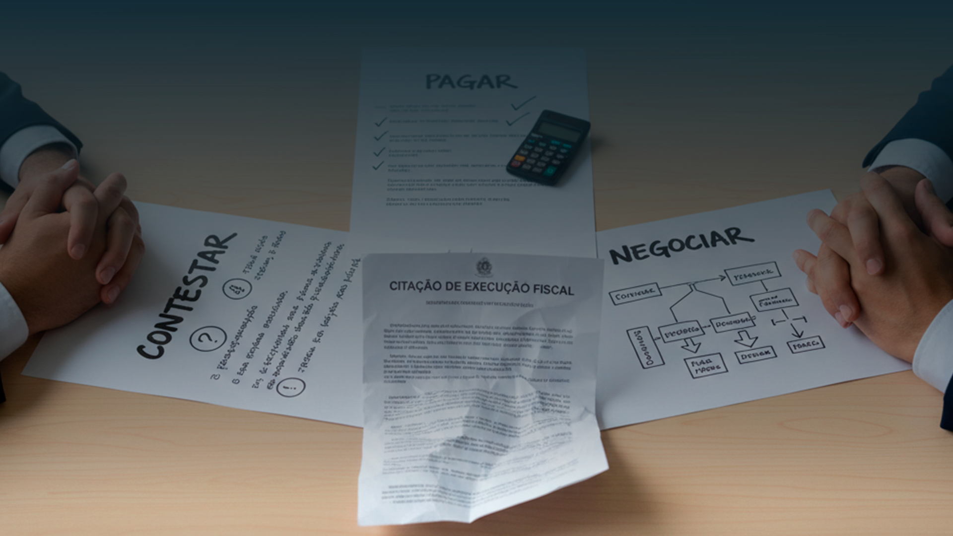 Secretária com três documentos identificados como pagar, contestar e negociar, uma citação de execução fiscal ao centro e mãos apoiadas na mesa sem tocar nos papéis.