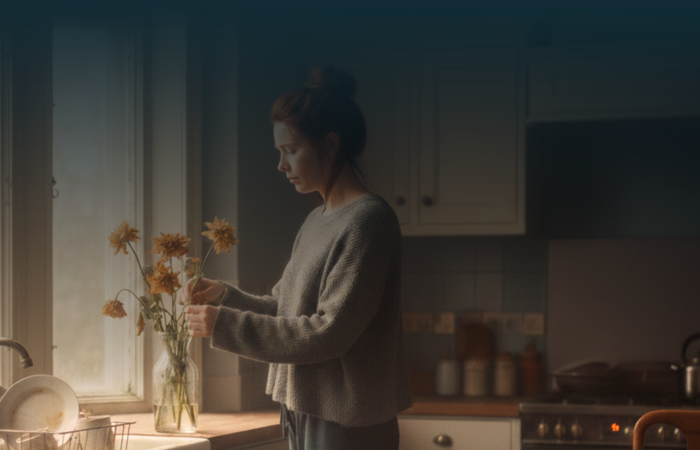 Mulher de perfil na cozinha, com expressão melancólica, a mexer num vaso com flores murchas. A luz do sol entra pela janela, iluminando o pó e a loiça por lavar, reforçando um ambiente de desgaste e introspeção.