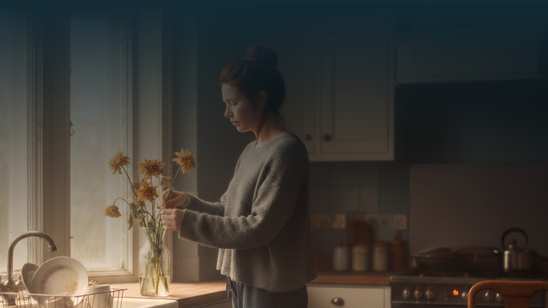 Mulher de perfil na cozinha, com expressão melancólica, a mexer num vaso com flores murchas. A luz do sol entra pela janela, iluminando o pó e a loiça por lavar, reforçando um ambiente de desgaste e introspeção.