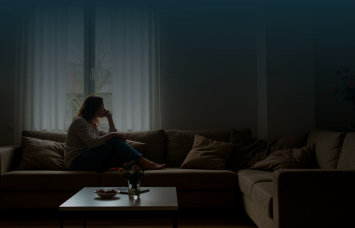 Mulher de perfil na cozinha, com expressão melancólica, a mexer num vaso com flores murchas. A luz do sol entra pela janela, iluminando o pó e a loiça por lavar, reforçando um ambiente de desgaste e introspeção.