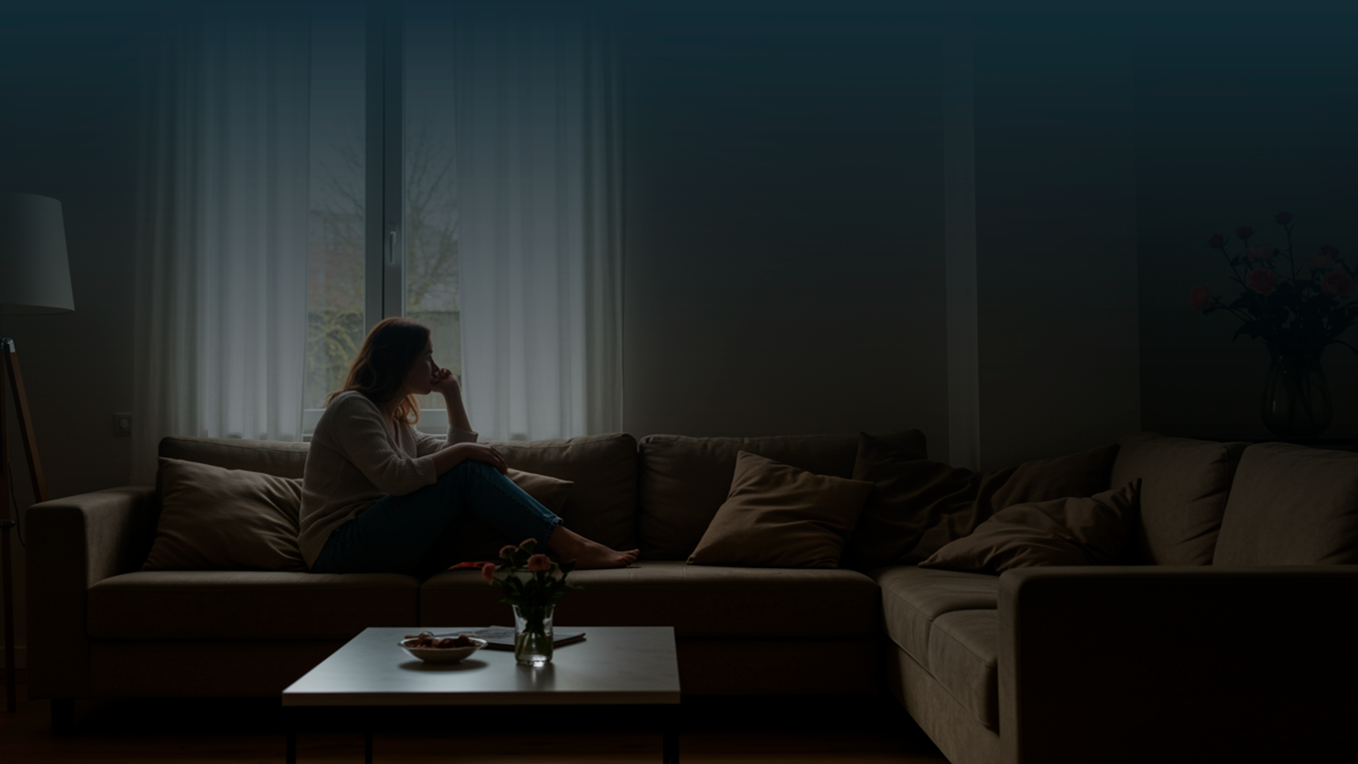 Mulher de perfil na cozinha, com expressão melancólica, a mexer num vaso com flores murchas. A luz do sol entra pela janela, iluminando o pó e a loiça por lavar, reforçando um ambiente de desgaste e introspeção.