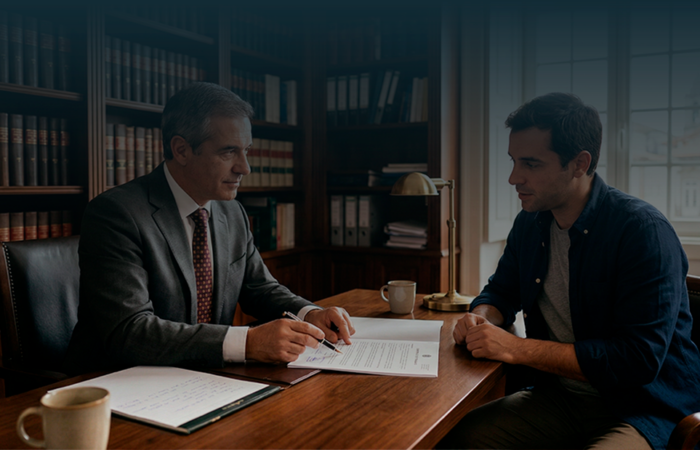 Advogado experiente explica minuciosamente as cláusulas de um contrato de trabalho a um cliente atento num escritório de advocacia.