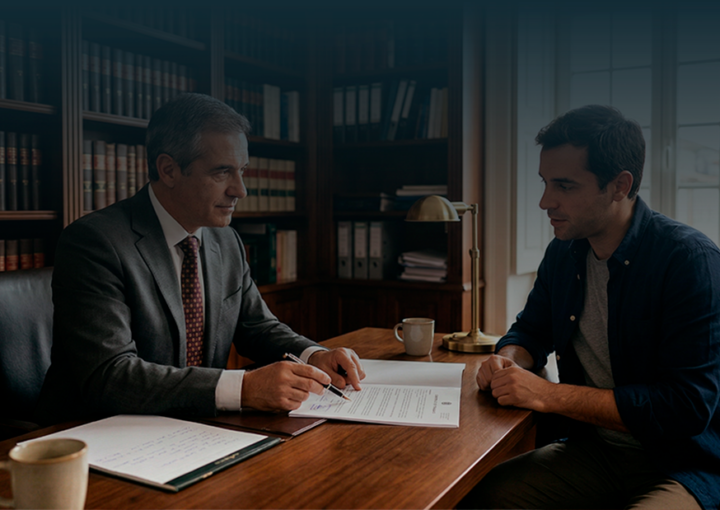 Advogado experiente explica minuciosamente as cláusulas de um contrato de trabalho a um cliente atento num escritório de advocacia.