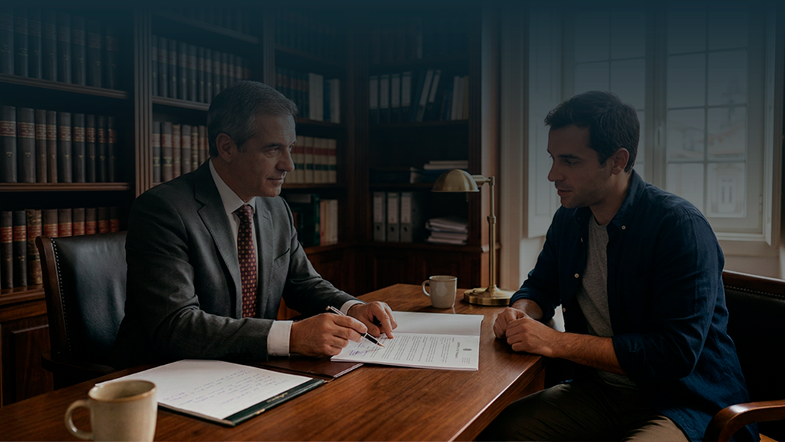 Advogado experiente explica minuciosamente as cláusulas de um contrato de trabalho a um cliente atento num escritório de advocacia.