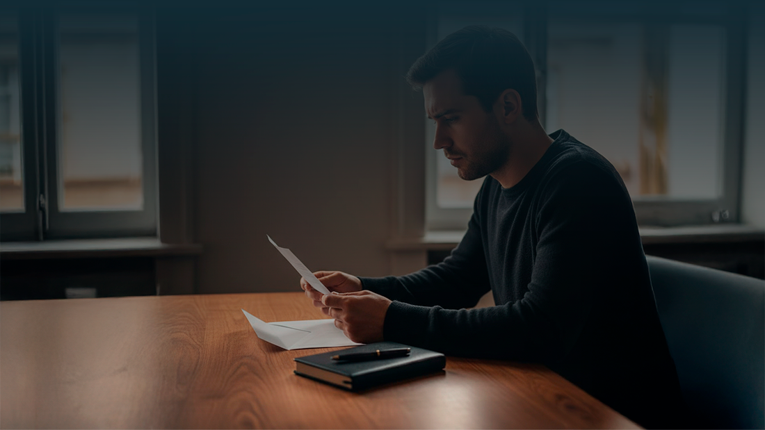 Pessoa sentada a ler uma carta oficial com um envelope sobre a mesa e um bloco de notas ao lado.