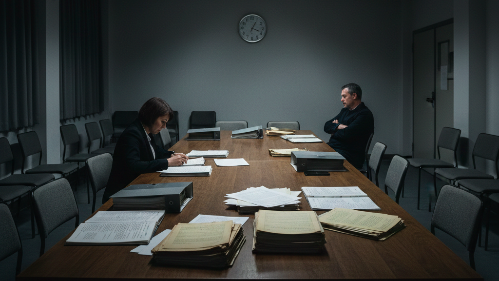 Mesa de reunião com documentos espalhados, cadeiras vazias e duas pessoas sentadas em extremos opostos, num ambiente de reunião pouco participada.