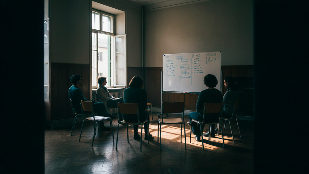 Sala de reuniões de condomínio com cadeiras em círculo, alguns condóminos sentados vistos de costas e um quadro branco ao centro com anotações.