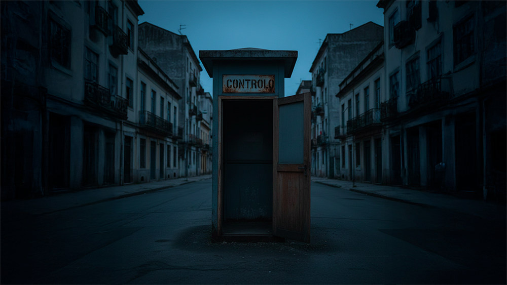 Pequeno posto de vigilância urbano vazio, com porta aberta e sem pessoas, situado numa rua com edifícios residenciais ao fundo.