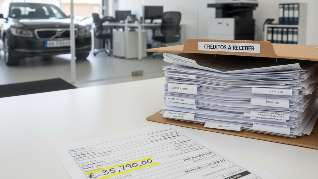 Secretária de escritório com um extrato bancário destacado, uma pasta identificada como créditos a receber com faturas no interior e, ao fundo, equipamentos de escritório e um veículo visíveis através de uma porta de vidro.