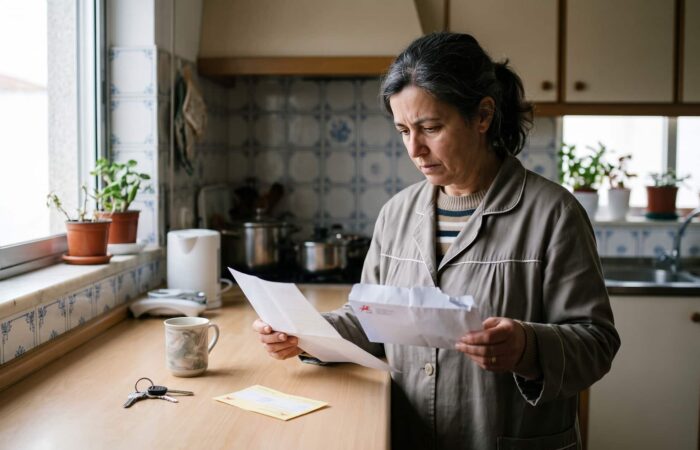 Mulher a abrir uma carta registada das Finanças com aviso dos CTT em cima da mesa