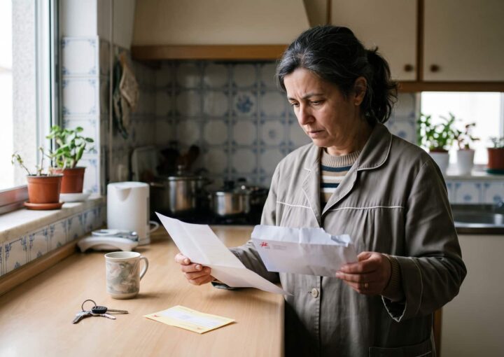Mulher a abrir uma carta registada das Finanças com aviso dos CTT em cima da mesa