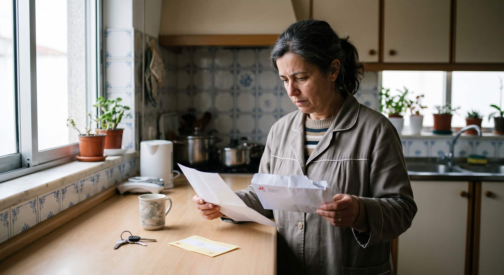 Mulher a abrir uma carta registada das Finanças com aviso dos CTT em cima da mesa