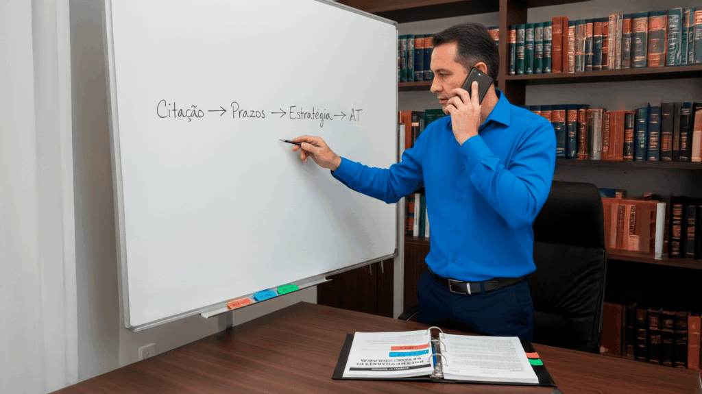 Advogado num gabinete jurídico a analisar um processo de execução fiscal aberto, com separadores por fases do processo, um esquema numa parede e a falar ao telefone enquanto toma notas.