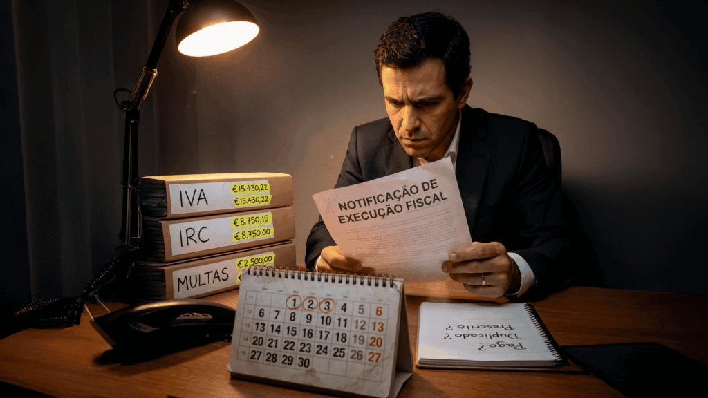 Pessoa sentada a uma secretária a analisar uma notificação de execução fiscal, com documentos de impostos organizados, um calendário com 30 dias marcados e um bloco de notas com verificações escritas.