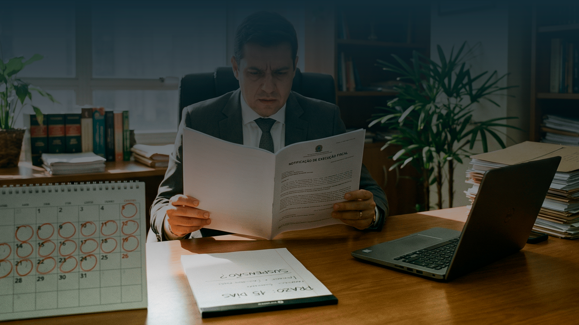 Pessoa sentada num escritório a ler uma notificação de execução fiscal, com um calendário marcado, um bloco de notas com prazos e um computador portátil aberto sobre a secretária.