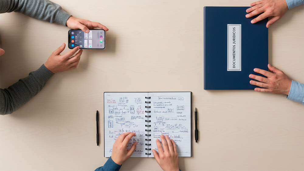Mesa vista de cima com três objetos separados — bloco de notas, telemóvel e pasta jurídica — rodeados por mãos de diferentes pessoas.