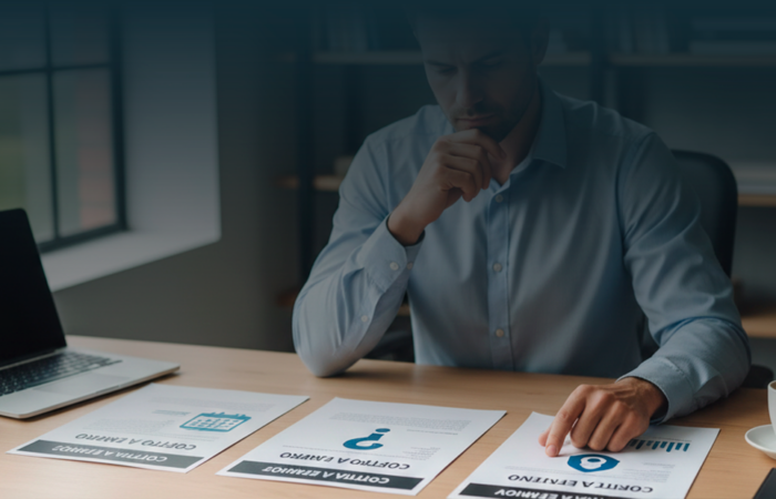 Homem num escritório a analisar três tipos de contratos de trabalho sobre uma mesa de madeira.