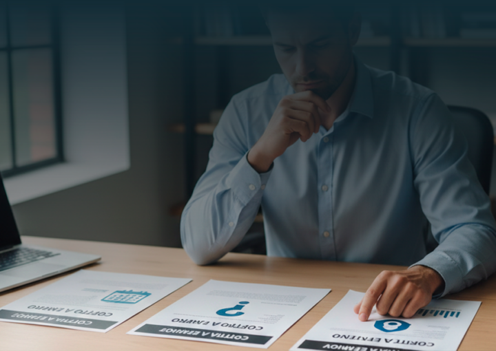 Homem num escritório a analisar três tipos de contratos de trabalho sobre uma mesa de madeira.