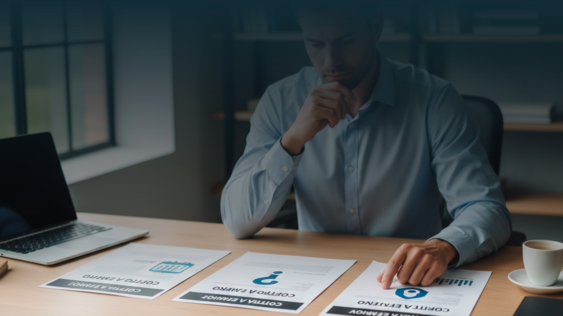 Homem num escritório a analisar três tipos de contratos de trabalho sobre uma mesa de madeira.