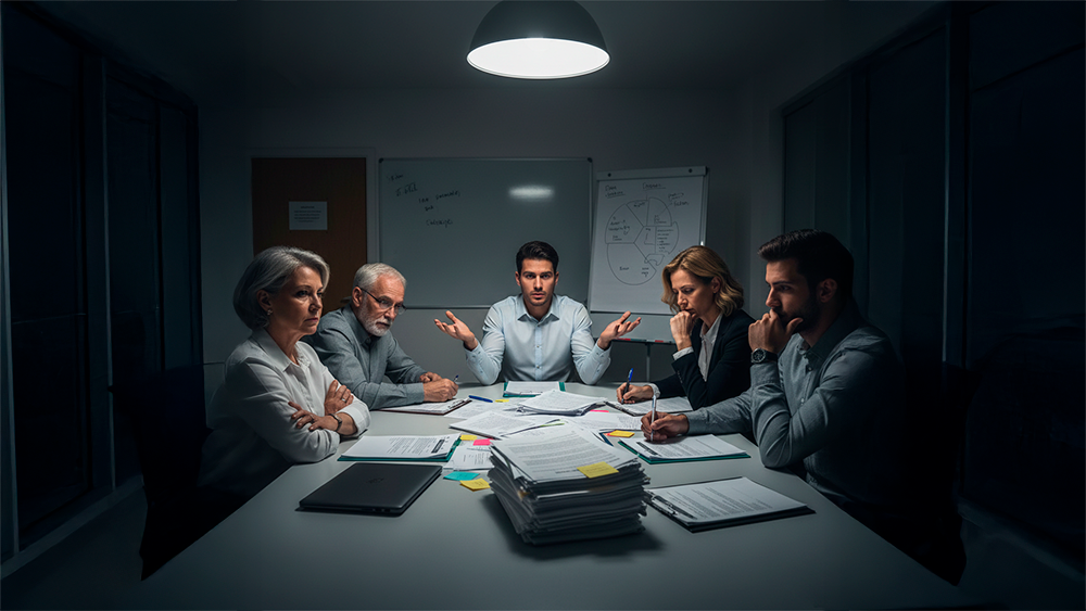 Grupo diversificado de condóminos e administrador em reunião tensa sobre conflitos no condomínio, ilustrando a necessidade de apoio jurídico.