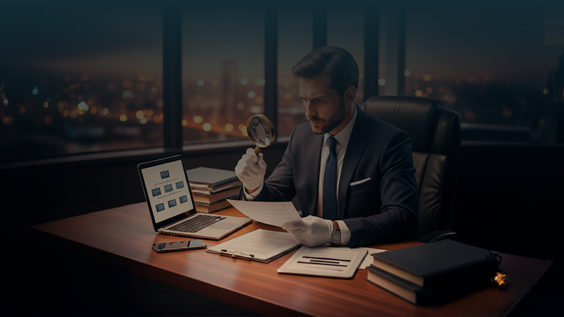 Fotografia de um homem em traje executivo sentado à secretária num escritório moderno, durante o final do dia. Através das grandes janelas de vidro ao fundo, vê-se o pôr do sol e as luzes da cidade a acenderem-se. O homem analisa atentamente um documento impresso, segurando uma lupa com uma das mãos, enquanto veste luvas brancas de proteção. Sobre a mesa de madeira escura, encontram-se um computador portátil aberto, pilhas de livros jurídicos e um smartphone. A iluminação é quente e suave, proveniente de um candeeiro de mesa, criando um ambiente de trabalho focado e tranquilo.