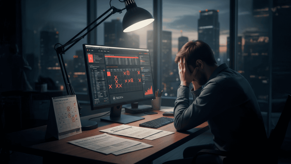Pessoa sentada num escritório ao final do dia, com documentos financeiros, notificação de penhora, um calendário com datas marcadas e um computador com alertas no ecrã.