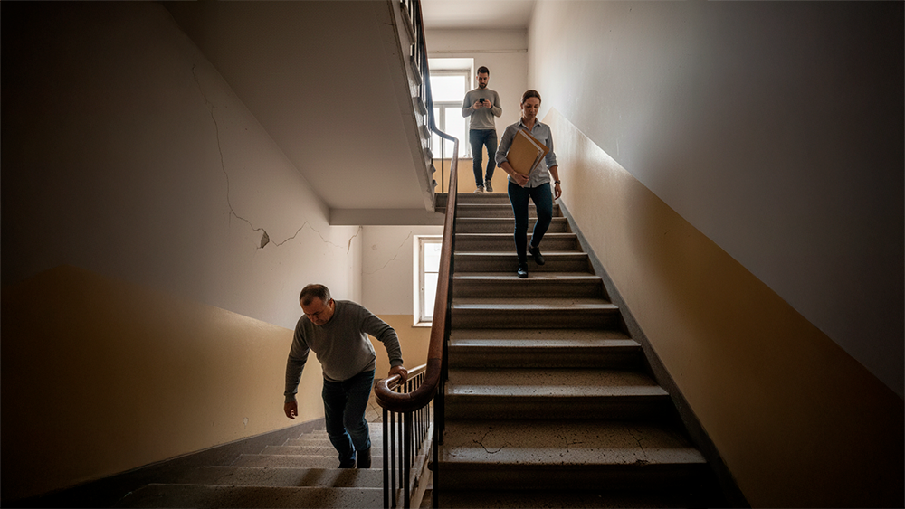 Escadaria de prédio com três pessoas a subir em ritmos diferentes, mostrando sinais de esforço e desgaste físico.