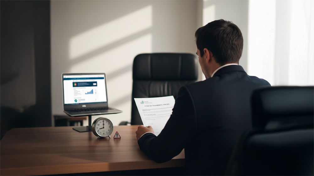 Pessoa sentada à secretária a segurar um documento financeiro, com um relógio de mesa e um computador ligado ao fundo.